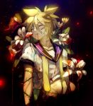  1boy black_background black_collar bleeding blonde_hair blood blood_from_mouth closed_eyes collar commentary ei_flow flower groin highres kagamine_len lily_(flower) male_focus necktie sailor_collar shirt short_ponytail short_sleeves spiked_hair undone_necktie vocaloid white_flower white_shirt yellow_neckwear 