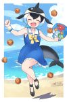  1girl bag bare_shoulders black_bow black_footwear black_hair blonde_hair blue_dress blue_hair blush bow bowtie closed_eyes collarbone commentary_request common_dolphin_(kemono_friends) dolphin_tail dorsal_fin dragon_ball_(object) dress eyebrows_visible_through_hair fanta_(the_banana_pistols) frilled_dress frills full_body handbag highres japari_symbol kemono_friends light_blue_hair multicolored_hair open_mouth sailor_collar sailor_dress shoe_bow shoes short_hair signature sleeveless sleeveless_dress solo wallet white_frills wristband yellow_neckwear 