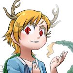  &gt;:) blonde_hair blue_shirt chamaji commentary_request dragon_girl dragon_horns dragon_tail eyebrows_visible_through_hair horns kicchou_yachie lowres red_eyes shirt short_hair simple_background tail touhou turtle_shell white_background 