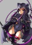  1girl absurdres armor ass_visible_through_thighs black_capelet black_cloak black_gloves black_leotard braid breastplate capelet chain cloak covered_navel fate_(series) gloves grey_background hand_on_own_chest highres hood leotard long_hair medusa_(lancer)_(fate) ponytail purple_eyes purple_hair scythe simple_background solo tansaninryousui thigh_gap thigh_strap thighhighs thighs weapon 