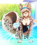  breasts cleavage clothed clothing down_blouse felid female hi_res luxarman mammal one-piece_swimsuit orio_(character) pantherine snow_leopard swimwear 