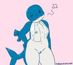  anthro anthrofied black_eyes blue_body blue_skin blush breasts cetacean female fin genitals hi_res mammal marine nintendo nude pink_background pok&eacute;mon pok&eacute;mon_(species) pok&eacute;morph portrait pussy rainbowsprinklesart simple_background slightly_chubby small_breasts solo standing tail_fin three-quarter_portrait video_games wailord 