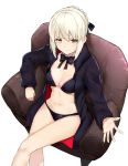  1girl absurdres artoria_pendragon_(all) artoria_pendragon_(swimsuit_rider_alter) bangs bikini black_bikini black_jacket black_ribbon braid braided_bun breasts cleavage closed_mouth crossed_legs fate/grand_order fate_(series) from_above hair_between_eyes hair_ribbon highres hood hooded_jacket jacket long_sleeves medium_breasts navel open_clothes open_jacket ribbon ryou_(ponpgo) shiny shiny_skin short_hair silver_hair simple_background sitting smile solo swimsuit white_background yellow_eyes 