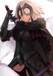  1girl armor black_armor black_cape black_gloves black_legwear blonde_hair breasts cape chain chienon fate/grand_order fate_(series) gloves headpiece highres holding holding_sword holding_weapon jeanne_d&#039;arc_(alter)_(fate) jeanne_d&#039;arc_(fate)_(all) looking_at_viewer medium_breasts over_shoulder plackart short_hair solo sword sword_over_shoulder thighhighs vambraces weapon weapon_over_shoulder yellow_eyes 