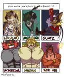  abs anthro big_muscles big_pecs canid canine canis clothed clothing clouded_leopard digital_media_(artwork) felid feral final_fantasy final_fantasy_vii flexing fur group guntz incineroar klonoa_(series) leopard likulau link_(wolf_form) magan male mammal muscular muscular_male nekojishi nintendo pantherine pecs pok&eacute;mon pok&eacute;mon_(species) red_xiii simple_background six_fanarts_challenge square_enix striped_body stripes the_legend_of_zelda tiger tokyo_afterschool_summoners video_games wolf zephir 