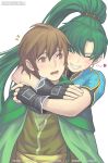  1boy 1girl artist_name bangs blush brown_eyes brown_hair cape closed_mouth commentary_request earrings fingernails fire_emblem fire_emblem:_the_blazing_blade fire_emblem_heroes gloves green_cape green_hair grin hug hug_from_behind jewelry lips lyn_(fire_emblem) marfrey mark_(fire_emblem:_the_blazing_blade) open_mouth parted_lips ponytail short_sleeves simple_background smile teeth tied_hair twitter_username upper_body 
