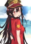  1girl absurdres artist_request back bangs blue_sky blurry blurry_background blush breasts buster_shirt family_crest fate/grand_order fate_(series) hair_between_eyes hat headphones headphones_around_neck highres huge_breasts large_breasts long_hair looking_at_viewer medium_breasts oda_nobunaga_(fate)_(all) oda_nobunaga_(swimsuit_berserker)_(fate) oda_uri open_mouth peaked_cap red_shirt shirt sky solo t-shirt very_long_hair 