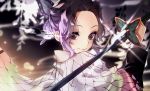  1girl black_hair blurry blurry_background butterfly_hair_ornament closed_mouth from_side gradient_hair hair_intakes hair_ornament haori holding holding_sword holding_weapon japanese_clothes kimetsu_no_yaiba kochou_shinobu long_sleeves looking_at_viewer multicolored_hair otoufu_(gotouhu) purple_eyes purple_hair shiny shiny_hair short_hair signature smile solo sparkle sword upper_body weapon 