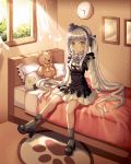  1girl absurdres bangs bed black_ribbon blunt_bangs blush clock eyebrows_visible_through_hair facial_mark girls_frontline green_eyes hair_ornament hair_ribbon hat highres hk416_(girls_frontline) huge_filesize indoors long_hair long_sleeves looking_at_viewer on_bed pillow ribbon silver_hair sitting socks solo stuffed_animal stuffed_toy teddy_bear very_long_hair wabbajack window 