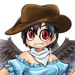  1girl avatar_icon bandana black_hair black_wings blue_shirt brown_headwear chamaji commentary cowboy_hat eyebrows_visible_through_hair feathered_wings hair_between_eyes hat kurokoma_saki looking_at_viewer lowres off-shoulder_shirt off_shoulder ponytail shirt signature smile solo touhou upper_body white_background wings 