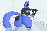  2014 3_fingers anthro anus balls bath bathroom black_body black_fur black_hands black_inner_ear black_markings blue_balls blue_body blue_ears blue_fur blue_tail butt butt_focus canid canine chest_tuft colored digital_drawing_(artwork) digital_media_(artwork) facial_markings fingers fur genitals gloves_(marking) half-closed_eyes hand_on_butt hand_spike head_markings inside looking_at_viewer lucario male mammal markings mask_(marking) multicolored_body multicolored_fur narrowed_eyes nintendo nude open_mouth partially_submerged pawpads pink_pawpads pink_tongue pok&eacute;mon pok&eacute;mon_(species) presenting presenting_hindquarters randomlucario red_eyes shaded solo tan_body tan_fur tan_tuft tongue tongue_out tuft video_games water 