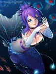  1girl artist_name bandaid bandaid_on_face beltbra blue_eyes blue_hair breasts choker cleavage doyagao dr_altruist english_commentary fingerless_gloves fish gloves hair_ornament hairclip jellyfish large_breasts looking_at_viewer melody_(projektmelody) mermaid monster_girl monsterification multicolored_hair nail_polish penetration_gesture ponytail projektmelody purple_hair sidelocks smile smug tongue tongue_out two-tone_hair water white_gloves 