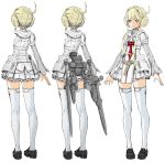  1girl absurdres ahoge belt black_footwear blonde_hair character_sheet highres hip_armor hood hood_down hoodie loafers long_hair long_sleeves miniskirt original pleated_skirt rigging shoes skirt standing tabard thighhighs white_legwear white_skirt yasuda_akira zettai_ryouiki 