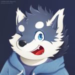  anthro blue_eyes canid canine canis clothing domestic_dog hi_res husky kuugo_(character) lagoon_lounge littlehyper male mammal nordic_sled_dog one_eye_closed open_mouth simple_background smile solo spitz wink 