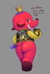  animal_crossing anthro bottomless butt clothed clothing cyd_(animal_crossing) elephant elephantid english_text grin hi_res jacket lambent looking_back male mammal nintendo proboscidean proboscis_(anatomy) red_body smile solo text topwear trunk_(anatomy) video_games 