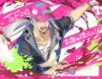  1boy alternate_costume aonagi_(a-lot-of) artorius_collbrande baseball_cap black_jacket blue_eyes collarbone floating_hair hat hat_over_one_eye holding jacket long_hair male_focus open_mouth outstretched_arm pink_headwear print_headwear print_shirt shirt silver_hair sleeves_rolled_up solo tales_of_(series) tales_of_berseria upper_body white_shirt 