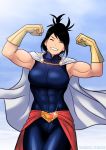  1girl abs biceps black_hair bodysuit boku_no_hero_academia cape closed_eyes cloud collarbone commission edited elee0228 flexing gloves highres muscle muscular_female pose red_gloves shamserg shimura_nana short_hair sky smile solo teeth third-party_edit tight watermark white_cape 