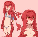  absurd_res animal_humanoid bikini blush breast_grab breast_squeeze breasts breath_of_the_wild clothed clothing female fish fish_humanoid front_view hand_on_breast hi_res holding_breast humanoid looking_at_viewer marine marine_humanoid mipha narrowed_eyes nintendo nude rainbowsprinklesart red_body red_skin small_breasts solo squint swimwear the_legend_of_zelda video_games yellow_eyes zora 
