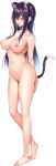  1girl absurdres amakano_2 animal_ears barefoot blush breasts cat_ears cat_tail drooling fake_animal_ears fake_tail full_body green_eyes hair_ornament heel_raised highres himiyama_rei large_breasts long_hair navel nipples nude open_mouth piromizu purple_hair saliva snowflake_hair_ornament solo standing tail transparent_background 
