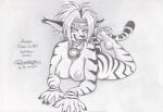  2020 5_fingers 5_toes aisha_clanclan animal_humanoid anthro breasts claws ctarl-ctarl feet felid felid_humanoid female fingers foot_fetish fur humanoid humanoid_feet humanoid_hands looking_at_viewer lying mammal mammal_humanoid monochrome on_front outlaw_star signature sketch smile soles solo striped_body striped_fur stripes thebigmansini toe_claws toes 