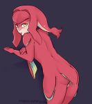  absurd_res animal_humanoid bent_over blush breath_of_the_wild butt female fish fish_humanoid hi_res humanoid looking_at_viewer looking_back marine marine_humanoid mipha nintendo nude portrait rainbowsprinklesart rear_view red_body red_skin solo the_legend_of_zelda three-quarter_portrait video_games yellow_eyes zora 