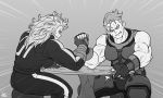  2girls arm_wrestling blank_eyes breasts clenched_teeth cracked crossover dorohedoro emphasis_lines fingerless_gloves gloves greyscale highres jmg medium_breasts medium_hair messy_hair monochrome multiple_girls muscle muscular_female noi_(dorohedoro) overwatch short_hair signature sweat teeth trembling veins very_short_hair zarya_(overwatch) 