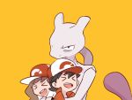  &gt;_&lt; 1boy 1girl ayumi_(pokemon) baseball_cap black_hair brown_hair commentary creature english_commentary gen_1_pokemon hat hug kakeru_(pokemon) legendary_pokemon long_hair mewtwo pokemon pokemon_(creature) pokemon_(game) pokemon_lgpe ponytail serious simple_background spiked_hair yellow_background 