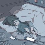  2girls blue_hair cellphone closed_eyes cup earphones hibike!_euphonium kasaki_nozomi kotatsu mug multiple_girls nintendo_switch parted_lips phone pillow ree_(re-19) shared_earphones slipping smartphone sweater table under_covers yoroizuka_mizore 