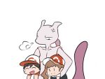  1boy 1girl anger_bein ayumi_(pokemon) baseball_cap black_hair brown_hair commentary creature english_commentary gen_1_pokemon hat kakeru_(pokemon) legendary_pokemon long_hair mewtwo pokemon pokemon_(creature) pokemon_(game) pokemon_lgpe ponytail serious simple_background spiked_hair white_background 