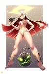  1girl absurdres ankh ball_and_chain_restraint border breasts commission from_below full_body glowing glowing_eyes glowing_mouth guilty_gear guilty_gear_xrd halo hand_on_hip highres holding holding_mask jack-o&#039;_valentine jmg long_hair mask medium_breasts multicolored_hair nipples nude outside_border platinum_blonde_hair pubic_hair pussy red_eyes red_hair shiny shiny_skin signature smile solo two-tone_hair very_long_hair 