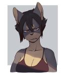  angry anthro black_hair breasts brown_body brown_fur canid canine canis cleavage clothed clothing dobermann domestic_dog erudier female frown fur grey_body grey_fur hair looking_at_viewer mammal multicolored_body multicolored_fur pinscher red_eyes scowl short_hair solo teeth two_tone_body two_tone_fur 