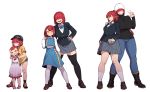  age_progression bandaid bandaid_on_knee bangs biriri_(space_jin) boots breasts commentary_request denim dress grin hair_ornament hair_over_eyes hairclip hand_on_hip hand_up hat height_difference high_ponytail highres huge_breasts jeans large_breasts low_twintails main_(space_jin) miniskirt open_mouth original pants pink_dress pleated_skirt red_hair school_uniform shoes short_hair short_shorts short_twintails shorts sidelocks skirt smile sneakers space_jin sweater thighhighs turtleneck turtleneck_sweater twintails w yellow_eyes zettai_ryouiki 