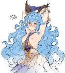  1girl animal_ears armpits arms_behind_head arms_up between_breasts blue_gloves blue_hair blush breasts breasts_outside brown_eyes commentary cowboy_shot dated dress earrings elbow_gloves embarrassed english_commentary erune ferry_(granblue_fantasy) gloves granblue_fantasy highres jewelry kenshin187 layered_dress long_hair looking_at_viewer multicolored multicolored_clothes multicolored_dress nipples nose_blush parted_lips signature simple_background sketch sleeveless sleeveless_dress small_breasts solo very_long_hair white_background 