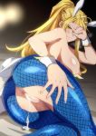  1girl after_sex after_vaginal ahoge animal_ears artoria_pendragon_(all) artoria_pendragon_(swimsuit_ruler)_(fate) ass bangs blonde_hair blue_legwear blush braid breasts bunny_ears bunnysuit close-up commentary_request covering_face cum cum_in_pussy fate/grand_order fate_(series) fishnet_legwear fishnets french_braid green_eyes hair_between_eyes hera_(hara0742) highleg highleg_leotard highres large_breasts leotard long_hair looking_at_viewer nipples ponytail pussy sidelocks smile solo thighs tiara white_leotard wrist_cuffs 