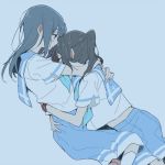  2girls black_hair blue_background blue_hair blue_sailor_collar blue_skirt blush closed_eyes hibike!_euphonium hug kasaki_nozomi kitauji_high_school_uniform long_hair multiple_girls neckerchief red_eyes ree_(re-19) sailor_collar school_uniform shirt short_ponytail simple_background skirt socks watch white_legwear white_shirt wristwatch yoroizuka_mizore 