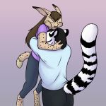  1:1 anthro black_hair brown_body brown_fur brown_hair clothed clothing duo eyes_closed felid feline female foxenawolf fur hair hug lynx male male/female mammal pantherine spots spotted_body spotted_fur striped_body striped_fur stripes tiger white_body white_fur 