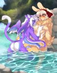  anthro blonde_hair blue_eyes blush breasts butt domestic_cat duo feathered_wings feathers felid feline felis female female/female fur hair hi_res lagomorph leporid luckypan mammal nude partially_submerged purple_body purple_fur rabbit tentacles white_body white_fur wings 