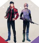  2boys bangs black_hair blue_eyes blunt_bangs boots brown_hair full_body gloves gun hand_on_hip height_difference holding holding_gun holding_weapon jacket long_sleeves looking_at_viewer lupicam male_focus multiple_boys narasaka_touru pants pompadour purple_gloves rifle side-by-side standing touma_isami uniform weapon world_trigger 