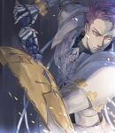  1boy armor cape close-up fate/grand_order fate_(series) fighting_stance gauntlets glitter holding holding_sword holding_weapon knight knights_of_the_round_table_(fate) lancelot_(fate/grand_order) looking_at_viewer male_focus purple_eyes purple_hair sword upper_body weapon yevnean 