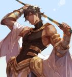  1boy ahoge arm_armor bangs black_hair cape clear_sky covered_abs covered_navel dark_skin dark_skinned_male earrings egyptian_clothes fate/grand_order fate_(series) glitter jewelry looking_at_viewer male_focus ozymandias_(fate) smile sunlight tight white_cape yellow_eyes yevnean 