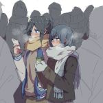  2girls bangs black_hair blue_eyes blue_hair blush breath cellphone coat cold commentary_request cup eyebrows_visible_through_hair from_side grey_coat grey_mittens grey_scarf hair_between_eyes hibike!_euphonium holding holding_cup holding_phone jacket kasaki_nozomi liz_to_aoi_tori long_hair long_sleeves looking_to_the_side mittens multiple_girls phone ponytail ree_(re-19) scarf walking white_sleeves winter winter_clothes yellow_scarf yoroizuka_mizore 