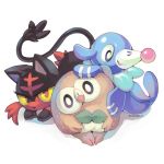  biorobo bird cat commentary creature english_commentary full_body gen_7_pokemon head_tilt litten looking_at_viewer no_humans pokemon pokemon_(creature) popplio purple_eyes red_eyes rowlet seal signature simple_background solo white_background yellow_sclera 