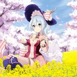  1girl aqua_eyes atelier_(series) blue_hair blush breasts cherry_blossoms closed_mouth commentary_request day detached_collar eyebrows_visible_through_hair field flower flower_field hair_between_eyes hat highres medium_breasts minidraco nelke_to_densetsu_no_renkinjutsushi_tachi nelke_von_luchetam outdoors petals shirt sitting skirt smile solo thighhighs tree 