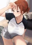  1girl :o absurdres akito_(d30n26) arm_up blush boyshorts breasts brown_eyes brown_hair bucket coffee coffee_mug commentary_request cup grey_shorts hand_on_forehead highres indoors large_breasts leaning_forward leg_up looking_away looking_to_the_side mug original parted_lips raglan_sleeves shirt short_hair short_ponytail short_sleeves shorts solo standing standing_on_one_leg table towel water white_shirt 