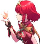  absurdres bangs bodysuit earrings eyebrows_visible_through_hair fire grimmelsdathird hairband highres homura_(xenoblade_2) jewelry red_eyes red_hair short_hair solo white_background xenoblade_(series) xenoblade_2 