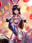  1girl ;) animal_ears backlighting balloon bangs bare_hips blunt_bangs blush breasts brown_eyes brown_hair bunny_ears bunnysuit center_opening cleavage clothes_writing cloud confetti covered_navel d.va_(overwatch) facial_mark fake_animal_ears grey_legwear headgear heart heart_hands highleg highleg_leotard highres large_breasts lens_flare leotard liang_xing long_hair long_sleeves looking_at_viewer one_eye_closed overwatch race_queen red_lips shrug_(clothing) signature smile solo thighhighs very_long_hair wrist_cuffs 