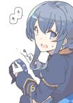  1girl blue_eyes blue_hair cloth commentary_request gloves gotland_(kantai_collection) hair_bun half_gloves kantai_collection long_hair looking_at_viewer military military_uniform nakadori_(movgnsk) open_mouth remodel_(kantai_collection) safety_pin solo thighhighs uniform upper_body 