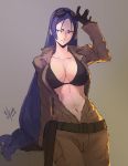  1girl absurdres alternate_costume arm_support arm_up bangs_pinned_back belt black_bra black_gloves blue_hair bra breasts brown_jumpsuit cleavage closed_mouth collarbone cowboy_shot dated english_commentary fate/grand_order fate_(series) gloves goggles goggles_on_head gradient gradient_background grey_background hair_ornament highres jumpsuit large_breasts long_hair looking_to_the_side low-tied_long_hair minamoto_no_raikou_(fate/grand_order) navel open_clothes open_jumpsuit purple_eyes sidelocks signature sol_ferrari solo standing underwear unzipped very_long_hair 