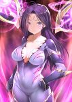  1girl 47agdragon arm_at_side arm_guards aura black_gloves blush bodysuit breasts cleavage closed_mouth collarbone commentary_request covered_navel cowboy_shot facial_mark floating floating_object forehead_mark gloves highres kai&#039;sa large_breasts league_of_legends long_hair looking_at_viewer purple_bodysuit purple_eyes purple_hair shoulder_armor smile solo 