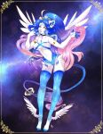  anthro blue_hair blue_nose clothing domestic_cat feathered_wings feathers felid feline felis female fur hair hi_res legwear luckypan mammal navel solo thigh_highs white_body white_fur wings yellow_eyes 